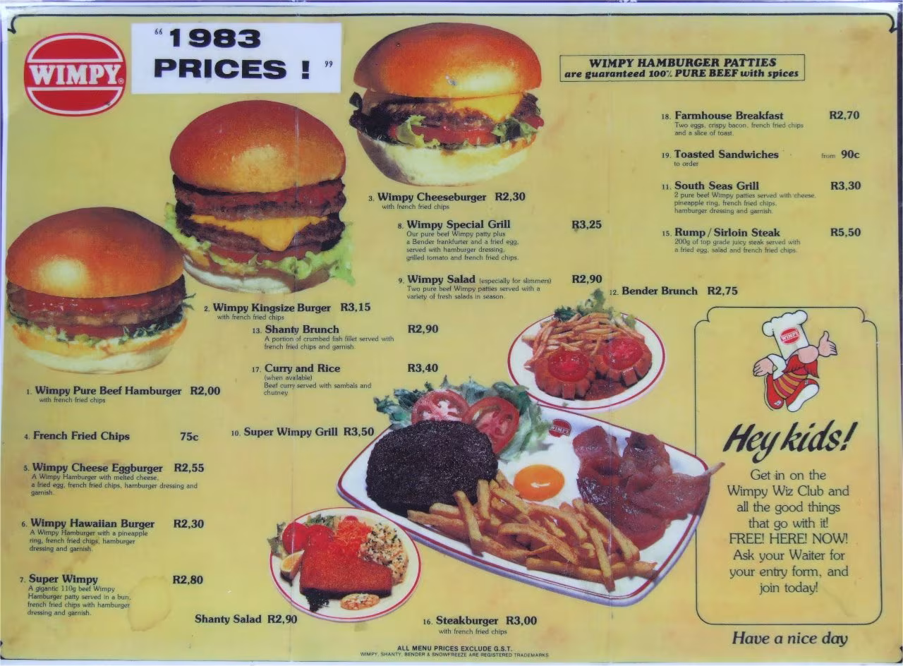 Wimpy Menu in 1983